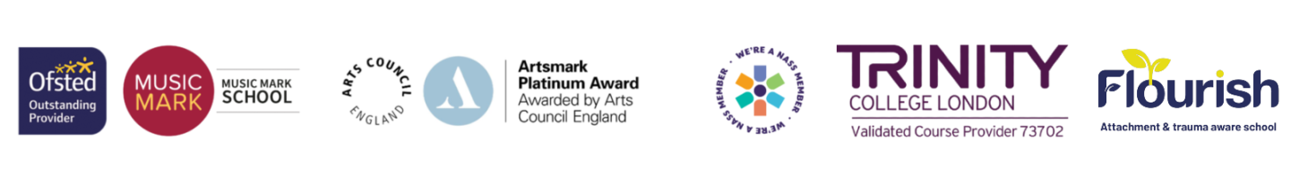 Ofsted Outstanding provider, Music Mark, Artsmark, NASS, Trinity College London and Flourish Attachment and Trauma Aware School accreditation logos